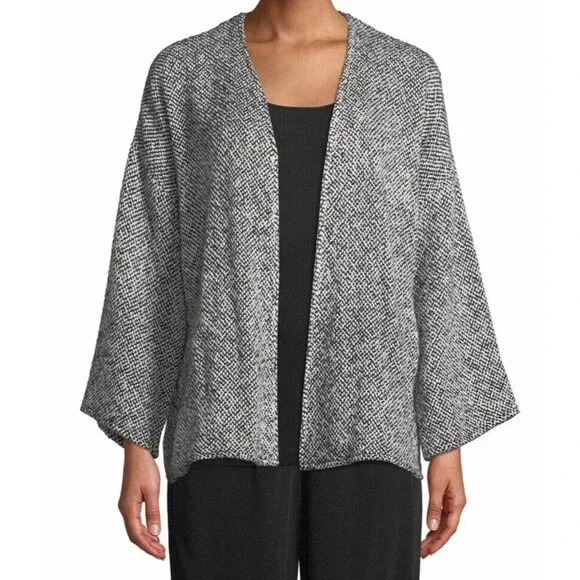 Eileen Fisher Handwoven Peruvian Organic Cotton Black/White Belted Jacket M - Picture 2 of 12